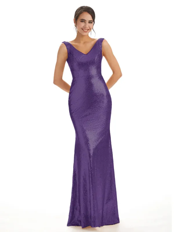 Sparkly Sequin V-neck Floor-Length Mermaid Bridesmaid Dresses In Stock sold by ChicSew
