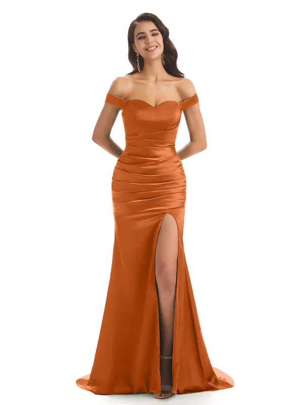Sexy Soft Satin Off Shoulder Side Slit Long Mermaid Bridesmaid Dresses Online In Stock sold by ChicSew product image thumbnail 4