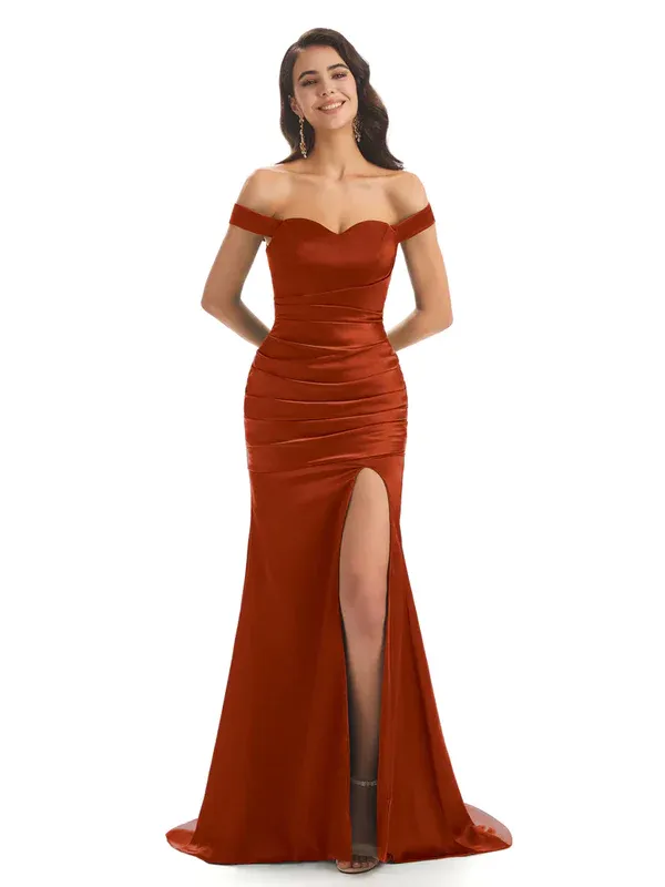 Sexy Soft Satin Off Shoulder Side Slit Long Mermaid Bridesmaid Dresses Online In Stock sold by ChicSew product image thumbnail 2