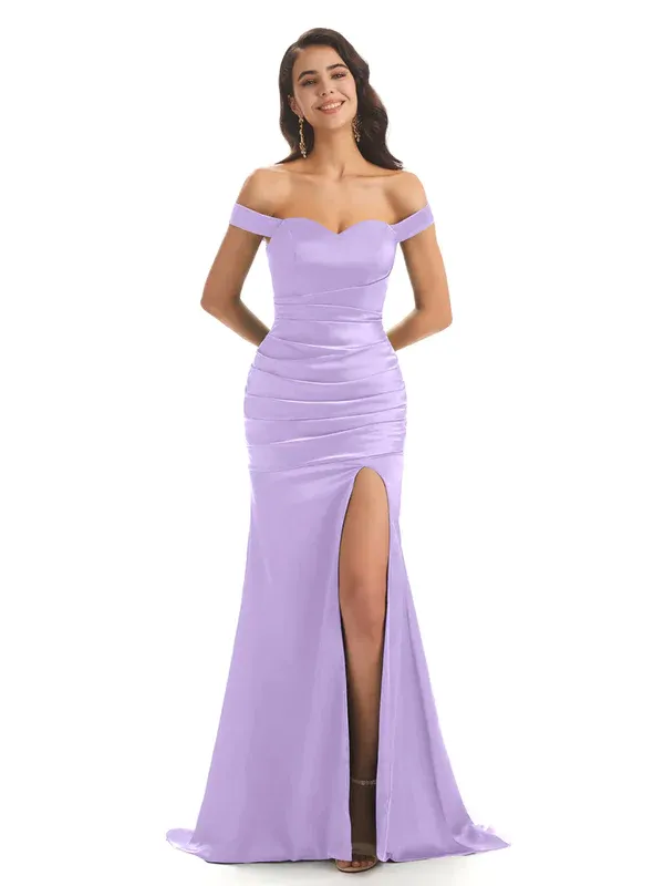 Sexy Soft Satin Off Shoulder Side Slit Long Mermaid Bridesmaid Dresses Online In Stock sold by ChicSew