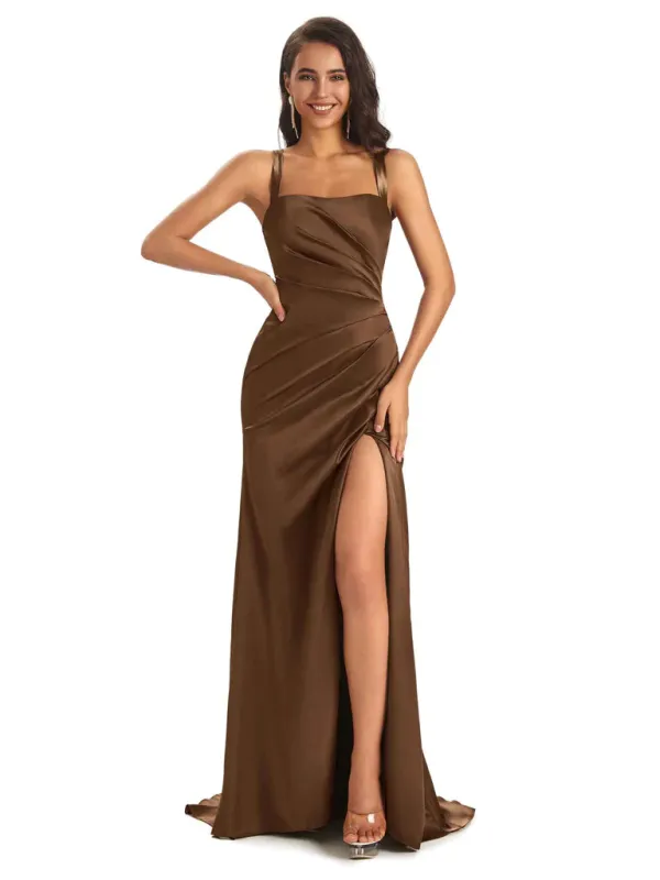 Soft Satin Straps Sheath Side Slit Cross Back Sexy Mermaid Bridesmaid Dresses Online In Stock sold by ChicSew