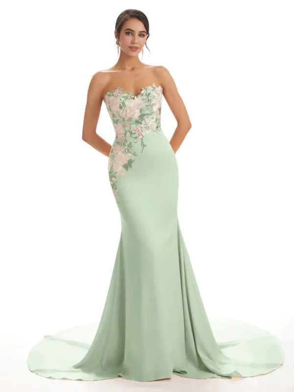 Cute Sweetheart Soft Satin Floral Lace Mermaid Long Bridesmaid Dresses In Stock sold by ChicSew