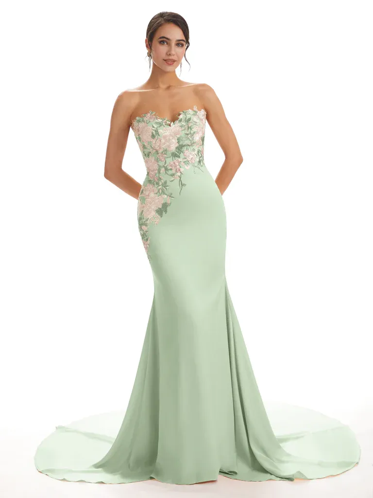 Cute Sweetheart Soft Satin Floral Lace Mermaid Long Bridesmaid Dresses In Stock sold by ChicSew