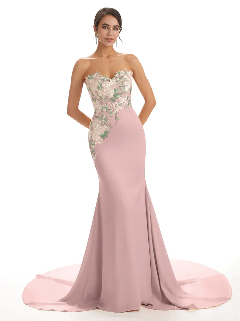 Cute Sweetheart Soft Satin Floral Lace Mermaid Long Bridesmaid Dresses In Stock sold by ChicSew product image thumbnail 3