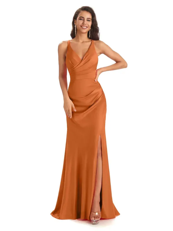 Modern Soft Satin Side Slit Spaghetti Straps V-Neck Floor-Length Sheath Bridesmaid Dresses In Stock sold by ChicSew