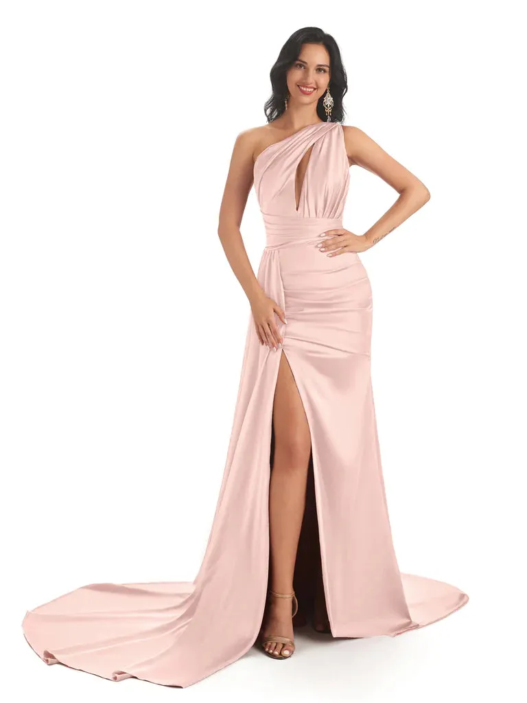 Sexy Soft Satin Side Slit One Shoulder Mermaid Floor Length Wedding Bridesmaid Dresses In Stock sold by ChicSew product image thumbnail 2