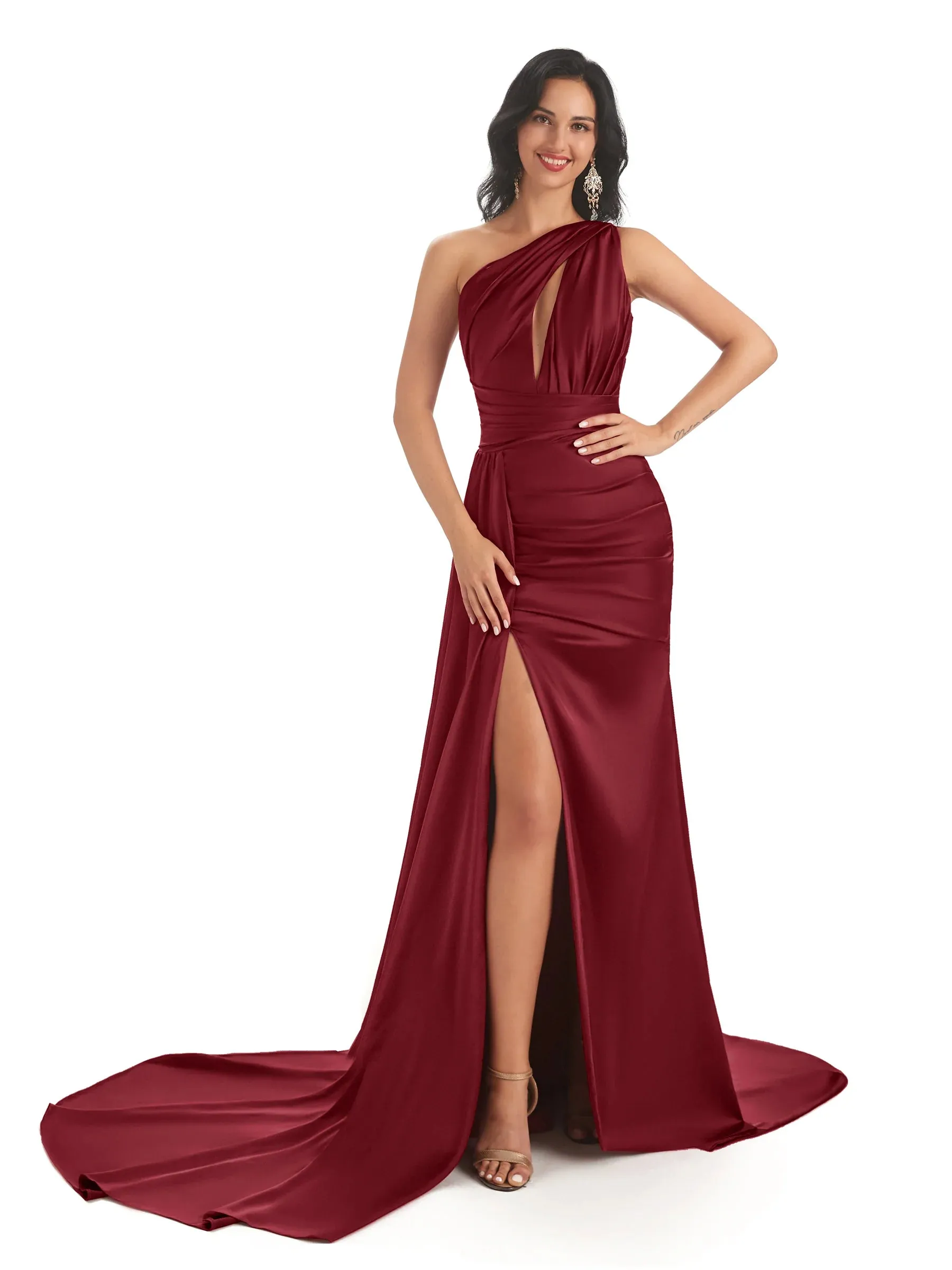 Sexy Soft Satin Side Slit One Shoulder Mermaid Floor Length Wedding Bridesmaid Dresses In Stock sold by ChicSew product image thumbnail 3