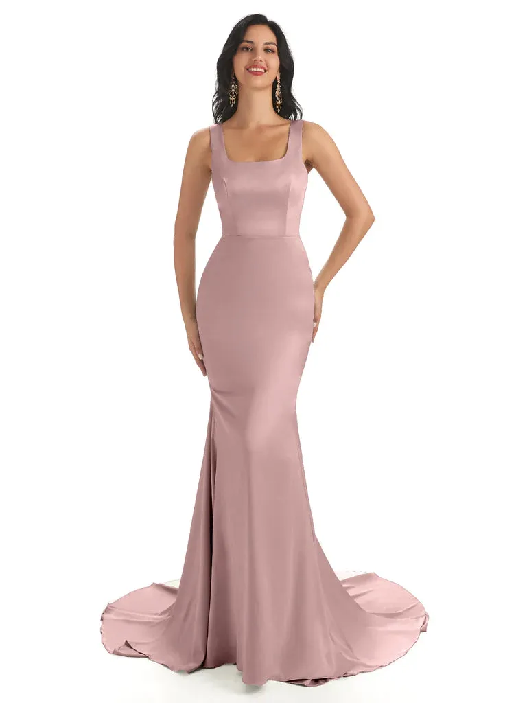 Soft Satin Unique Square Sleeveless Floor-Length Mermaid Bridesmaid Dresses In Stock sold by ChicSew product image thumbnail 5