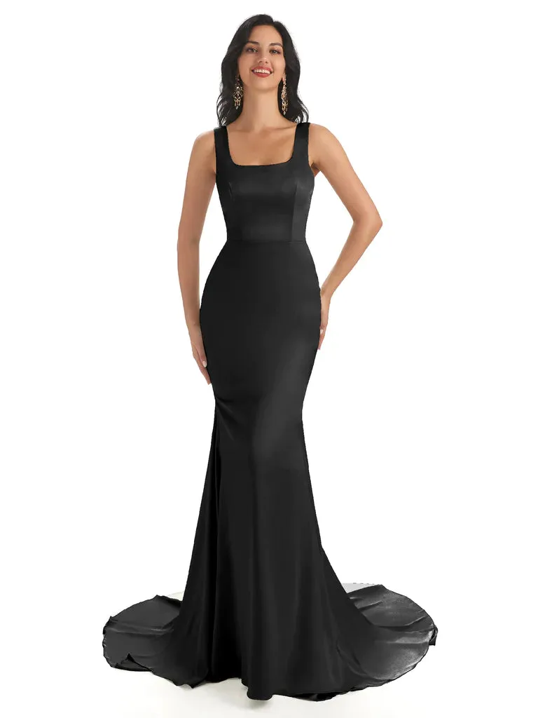 Soft Satin Unique Square Sleeveless Floor-Length Mermaid Bridesmaid Dresses In Stock sold by ChicSew