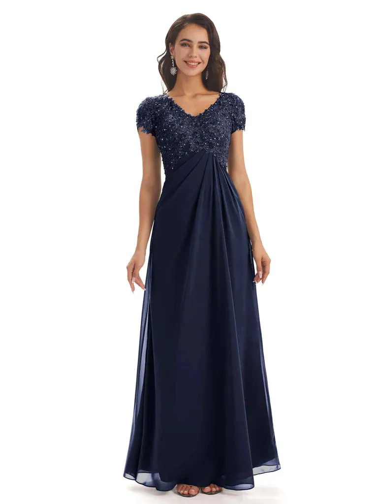 Elegant Short Sleeves Beaded Pleats A-line Floor-Length Mother of The Bride Dresses In Stock sold by ChicSew