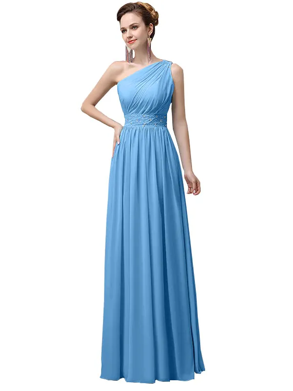 A-Line Chiffon One Shoulder Floor-Length Long Bridesmaid Dresses With Beads In Stock sold by ChicSew