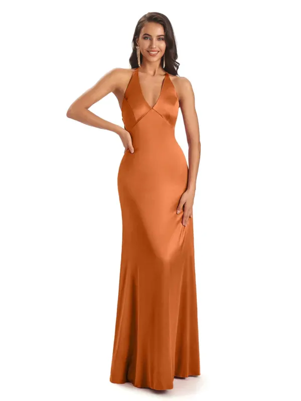 Floor-Length Soft Satin V-Neck Halter Sexy African Bridesmaid Dresses In Stock sold by ChicSew
