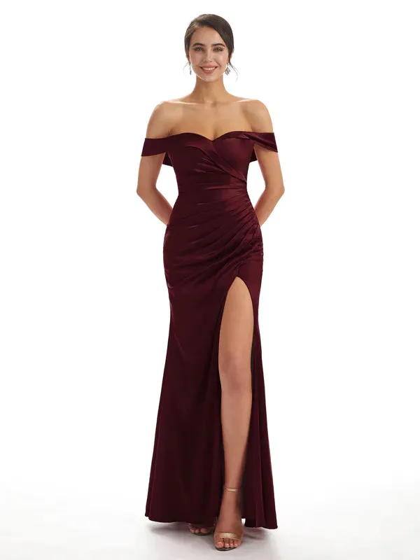 Sexy Side Slit Off The Shoulder Mermaid Soft Satin Bridesmaid Dresses Online In Stock sold by ChicSew product image thumbnail 4
