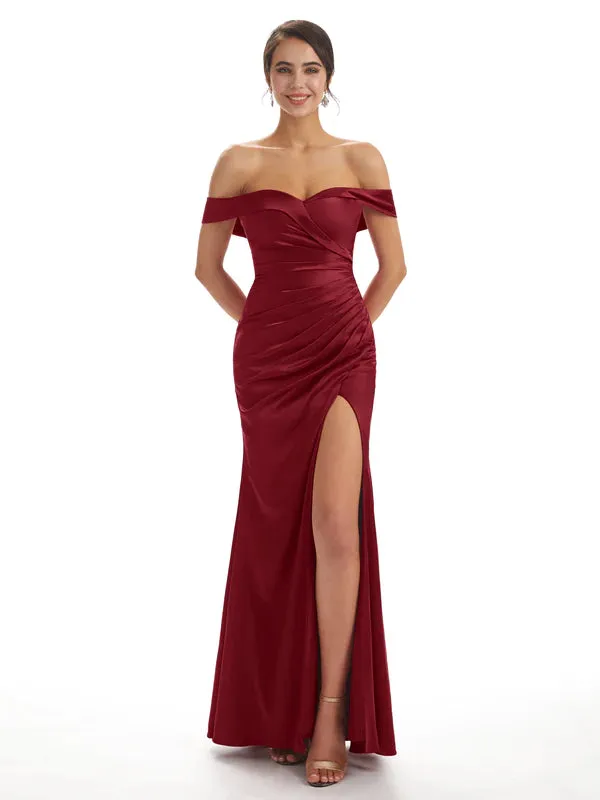 Sexy Side Slit Off The Shoulder Mermaid Soft Satin Bridesmaid Dresses Online In Stock sold by ChicSew product image thumbnail 3