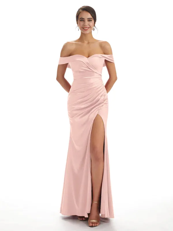 Sexy Side Slit Off The Shoulder Mermaid Soft Satin Bridesmaid Dresses Online In Stock sold by ChicSew product image thumbnail 2