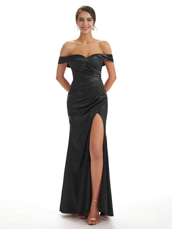 Sexy Side Slit Off The Shoulder Mermaid Soft Satin Bridesmaid Dresses Online In Stock sold by ChicSew