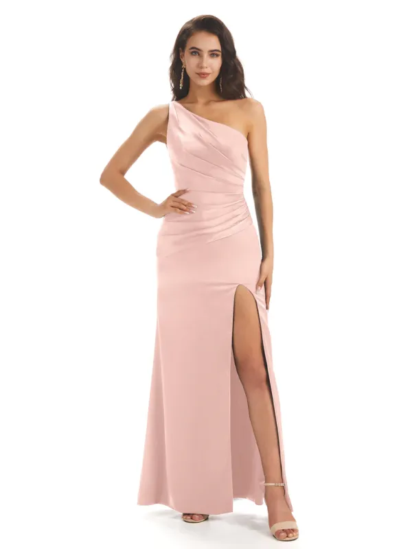Sexy Soft Satin Side Slit One Shoulder Floor-Length Mermaid Bridesmaid Dresses In Stock sold by ChicSew