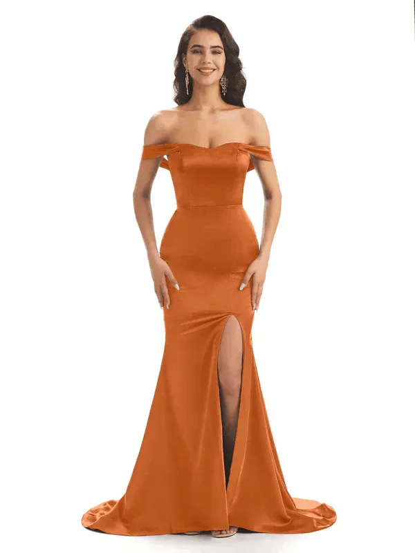 Sexy Soft Satin Off Shoulder Side Slit Floor-Length Mermaid Bridesmaid Dresses Gown In Stock sold by ChicSew product image thumbnail 2
