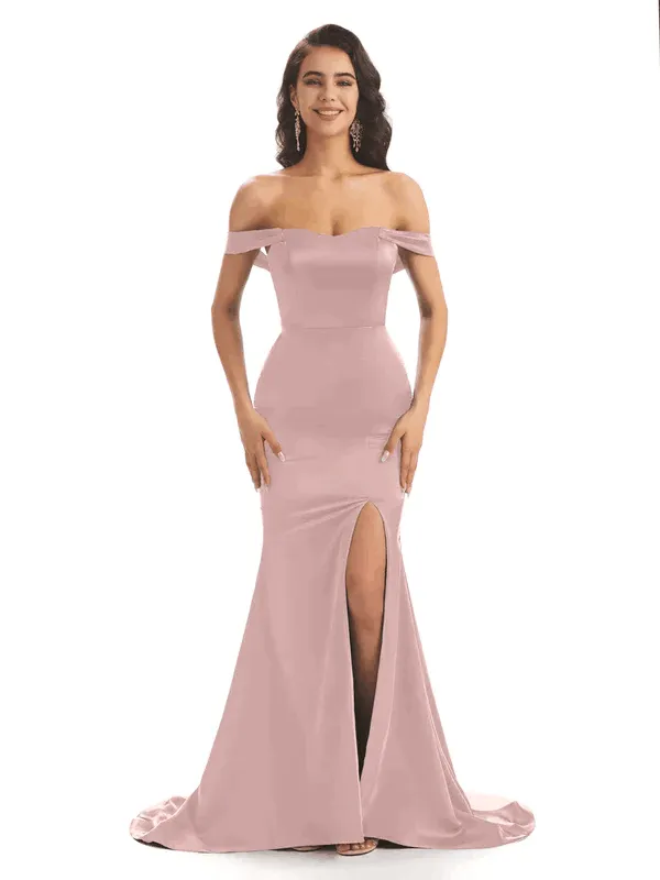 Sexy Soft Satin Off Shoulder Side Slit Floor-Length Mermaid Bridesmaid Dresses Gown In Stock sold by ChicSew