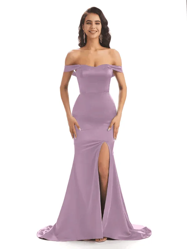 Sexy Soft Satin Off Shoulder Side Slit Floor-Length Mermaid Bridesmaid Dresses Gown In Stock sold by ChicSew product image thumbnail 4