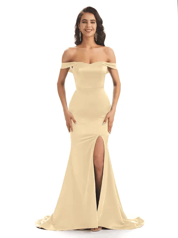 Sexy Soft Satin Off Shoulder Side Slit Floor-Length Mermaid Bridesmaid Dresses Gown In Stock sold by ChicSew product image thumbnail 3
