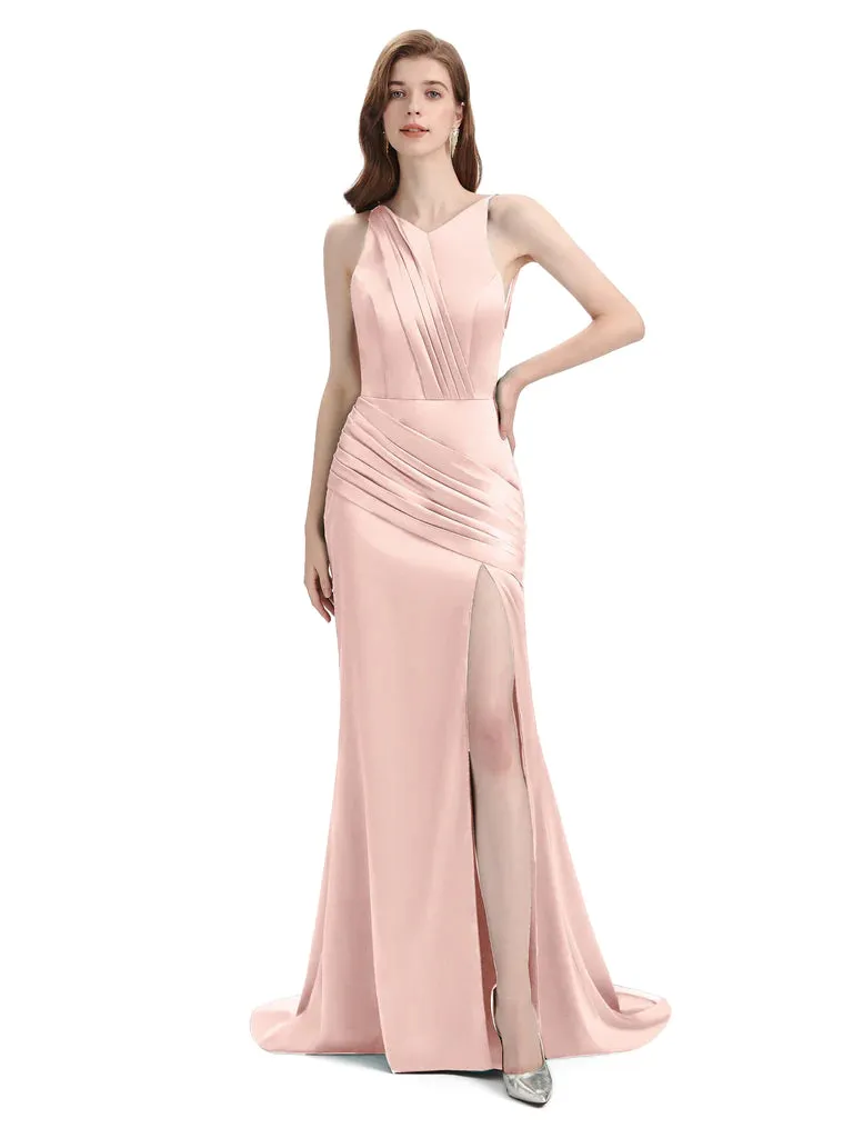 Sexy Backless Mermaid Side Slit Soft Satin Floor-Length Mermaid Bridesmaid Dresses In Stock sold by ChicSew