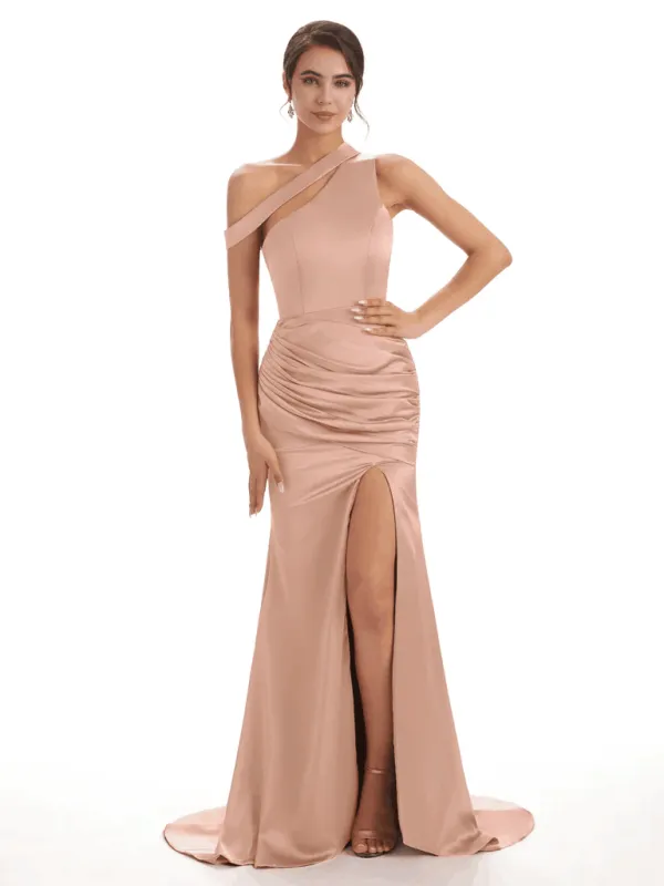 Sexy Soft Satin Side Slit One Shoulder Floor-Length Mermaid Bridesmaid Dresses In Stock sold by ChicSew