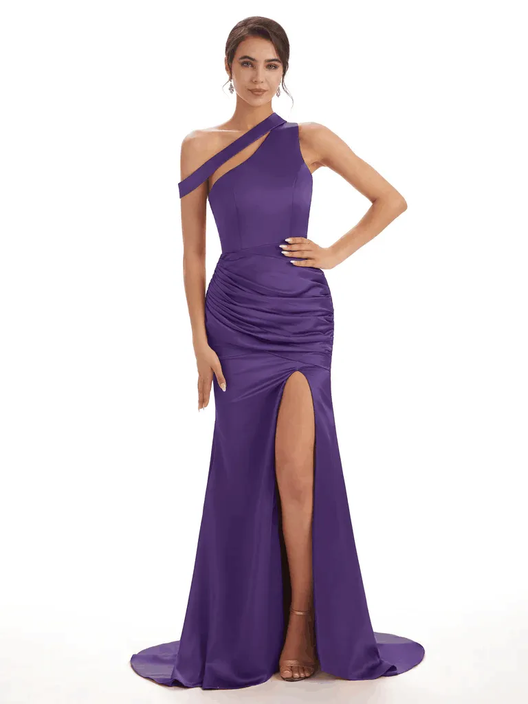 Sexy Soft Satin Side Slit One Shoulder Floor-Length Mermaid Bridesmaid Dresses In Stock sold by ChicSew product image thumbnail 5