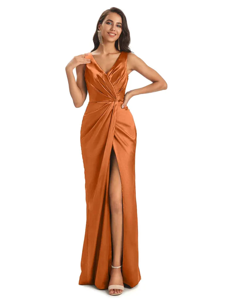 Soft Satin Front Slit V-Neck Floor-Length Long Bridesmaid Dresses In Stock sold by ChicSew
