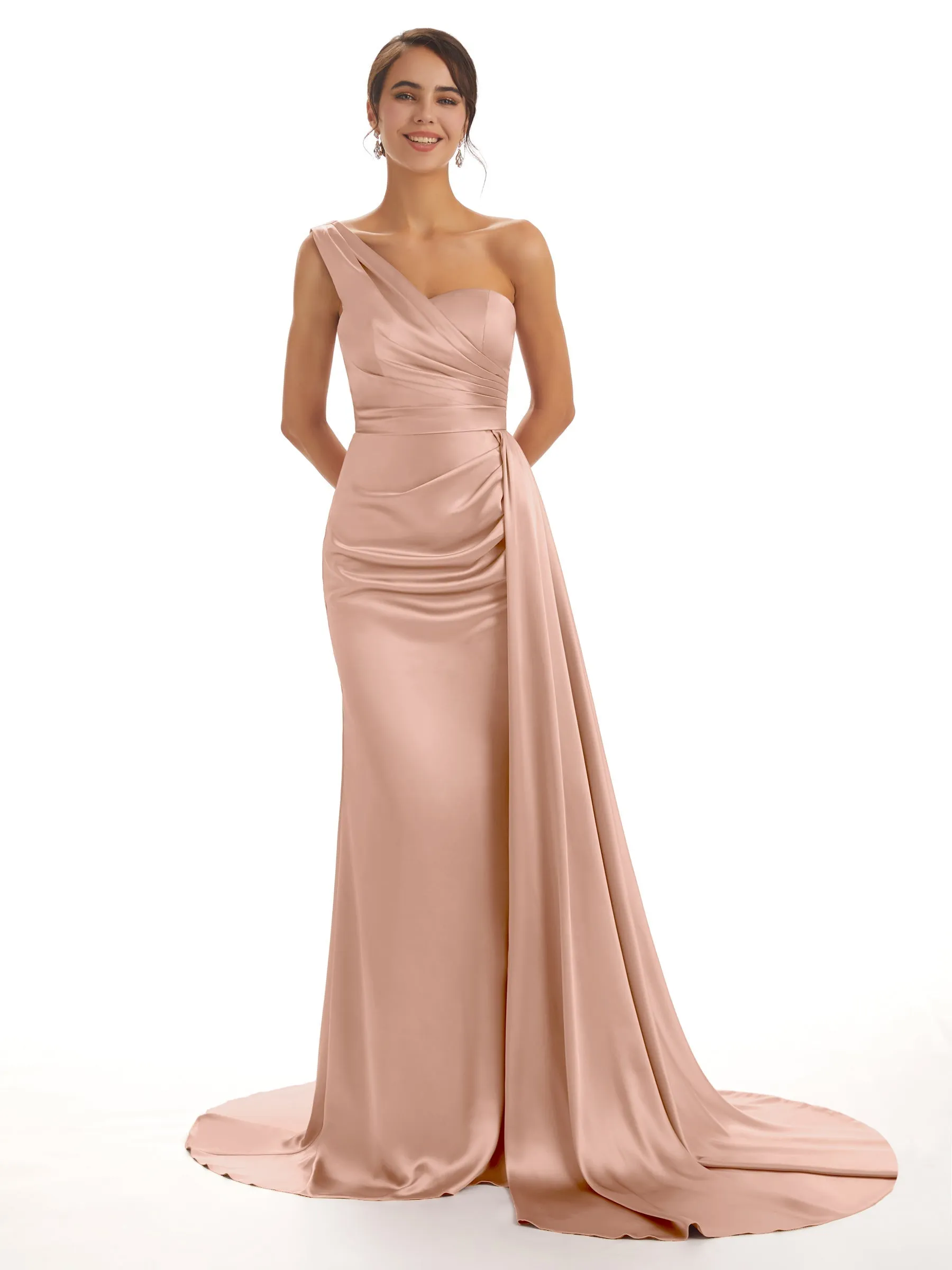 Elegant One Shoulder Soft Satin Pleats Mermaid Long Bridesmaid Dresses Online In Stock sold by ChicSew