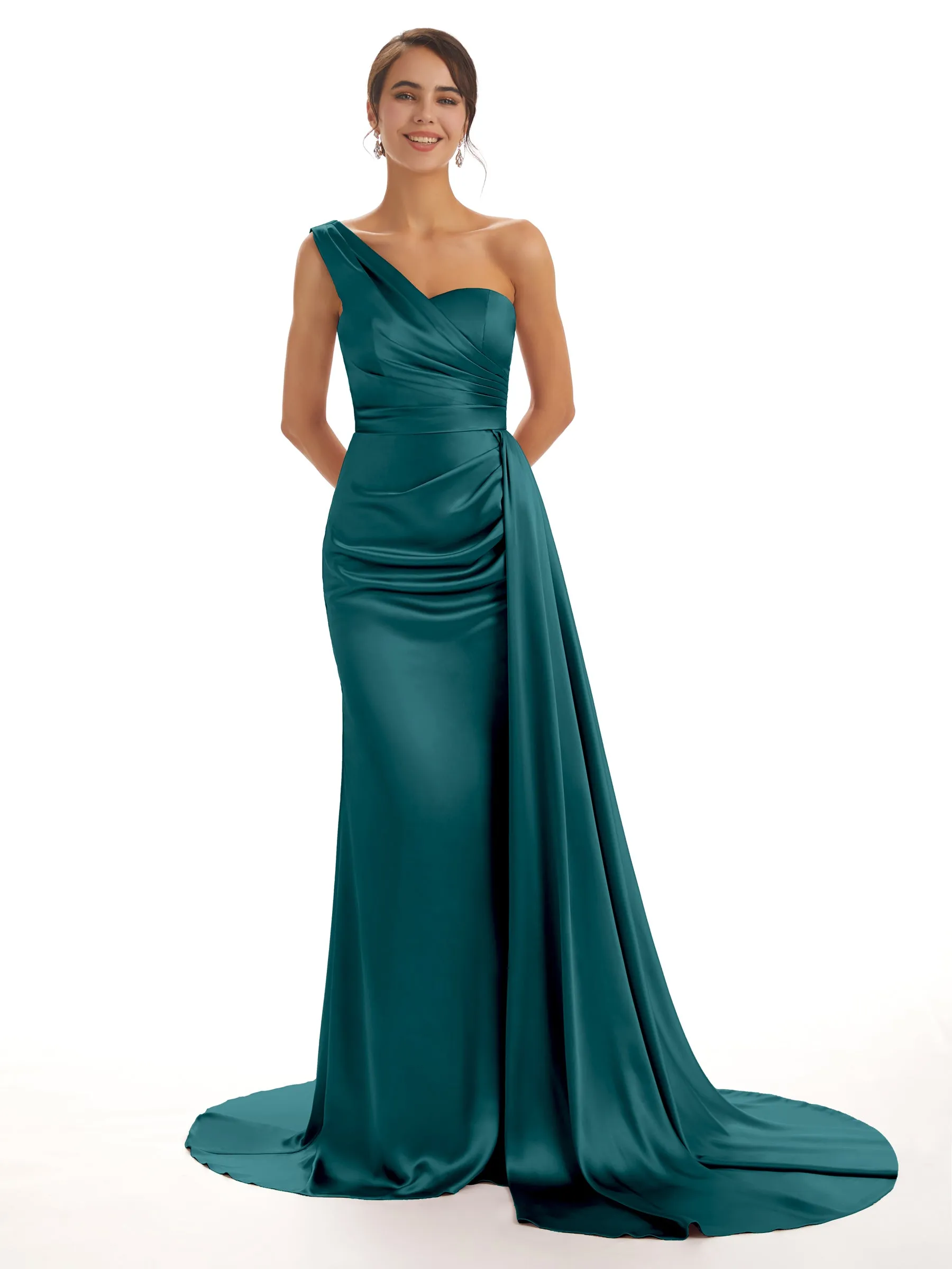 Elegant One Shoulder Soft Satin Pleats Mermaid Long Bridesmaid Dresses Online In Stock sold by ChicSew product image thumbnail 5