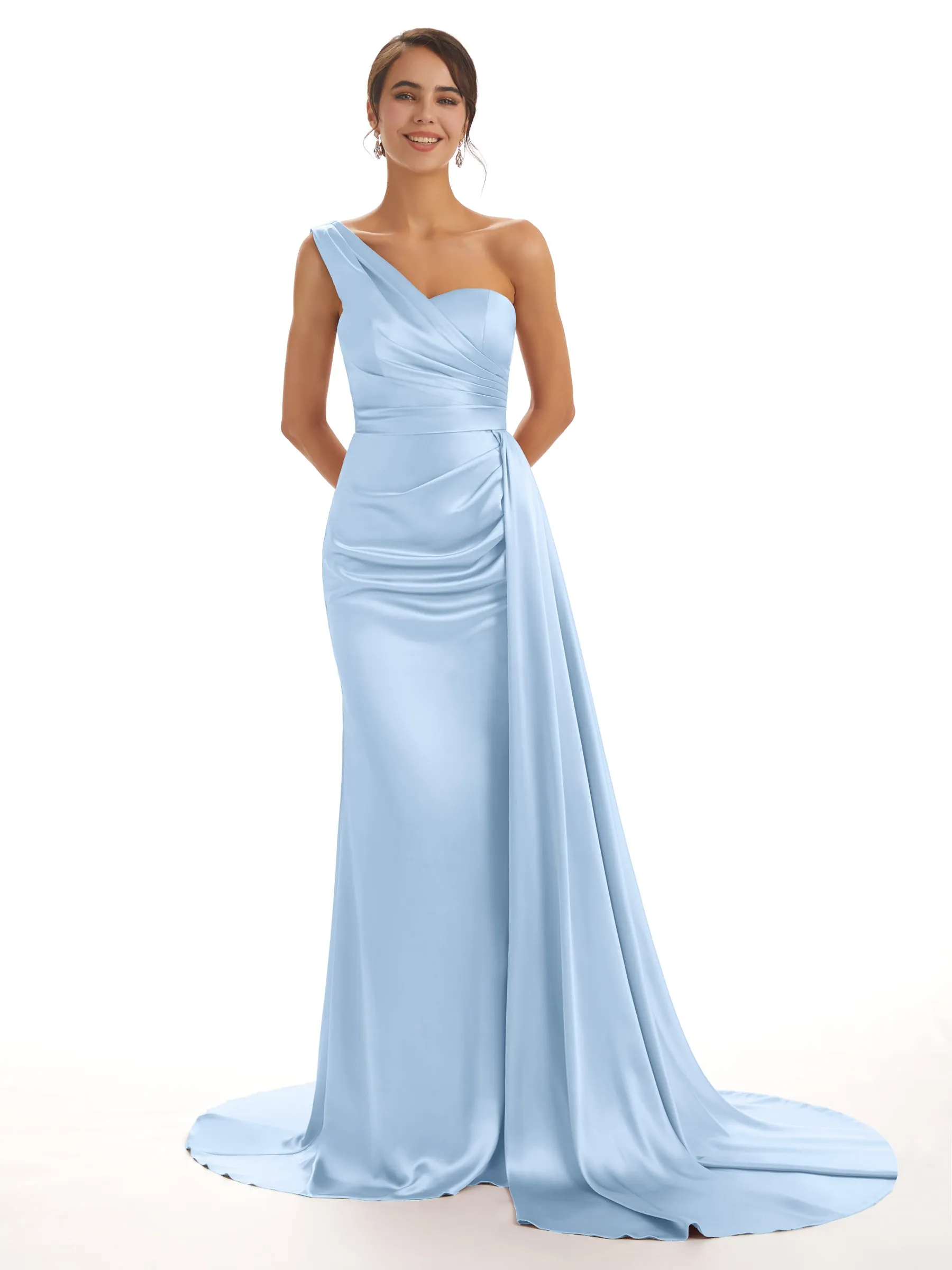 Elegant One Shoulder Soft Satin Pleats Mermaid Long Bridesmaid Dresses Online In Stock sold by ChicSew product image thumbnail 3