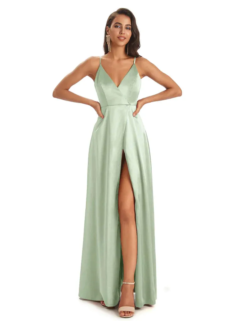 Spaghetti Straps V-Neck Soft Satin Side Slit Long Modern Bridesmaid Dresses In Stock sold by ChicSew