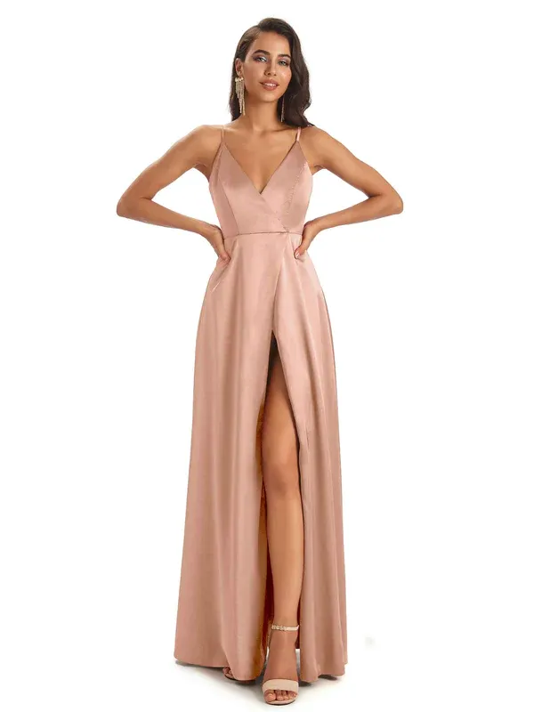 Spaghetti Straps V-Neck Soft Satin Side Slit Long Modern Bridesmaid Dresses In Stock sold by ChicSew product image thumbnail 2