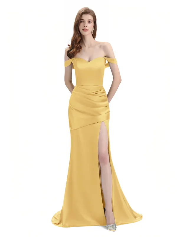 Sexy Soft Satin Side Slit Off Shoulder Floor-Length Mermaid Bridesmaid Dresses In Stock sold by ChicSew