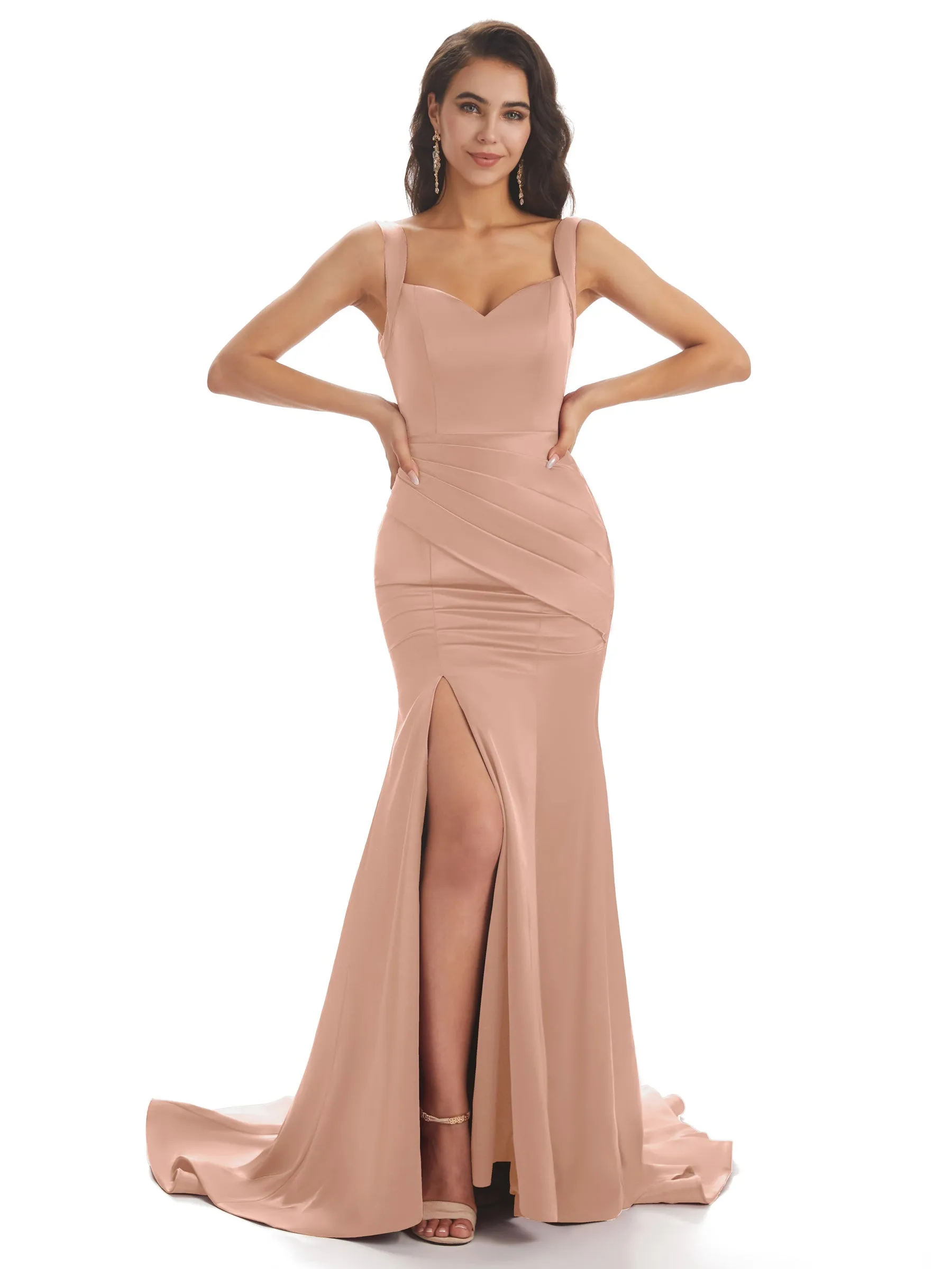 Sexy Soft Satin Side Slit Straps Square Floor-Length Mermaid Bridesmaid Dresses In Stock sold by ChicSew product image thumbnail 3