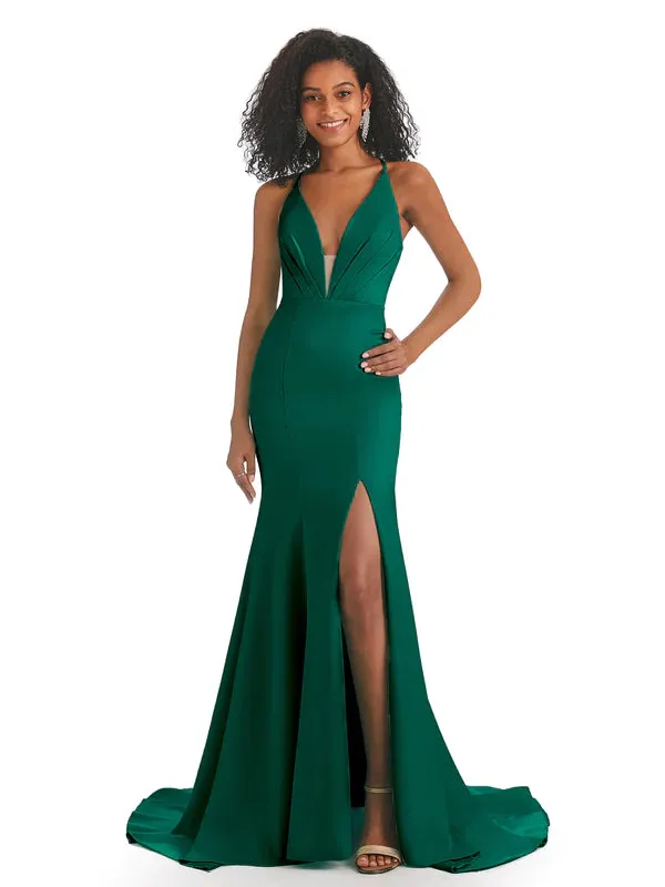 Sexy V-Neck Mermaid Side Slit Corset Back Soft Satin Long African Bridesmaid Dresses In Stock sold by ChicSew