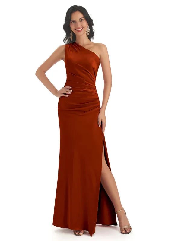 Sexy Side Slit One Shoulder Soft Satin Mermaid Floor Length Bridesmaid Dresses Gown In Stock sold by ChicSew product image thumbnail 4