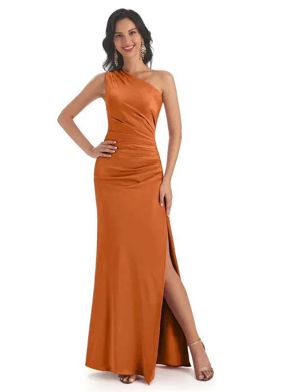 Sexy Side Slit One Shoulder Soft Satin Mermaid Floor Length Bridesmaid Dresses Gown In Stock sold by ChicSew product image thumbnail 5