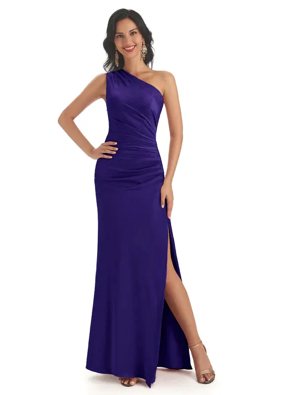 Sexy Side Slit One Shoulder Soft Satin Mermaid Floor Length Bridesmaid Dresses Gown In Stock sold by ChicSew product image thumbnail 3