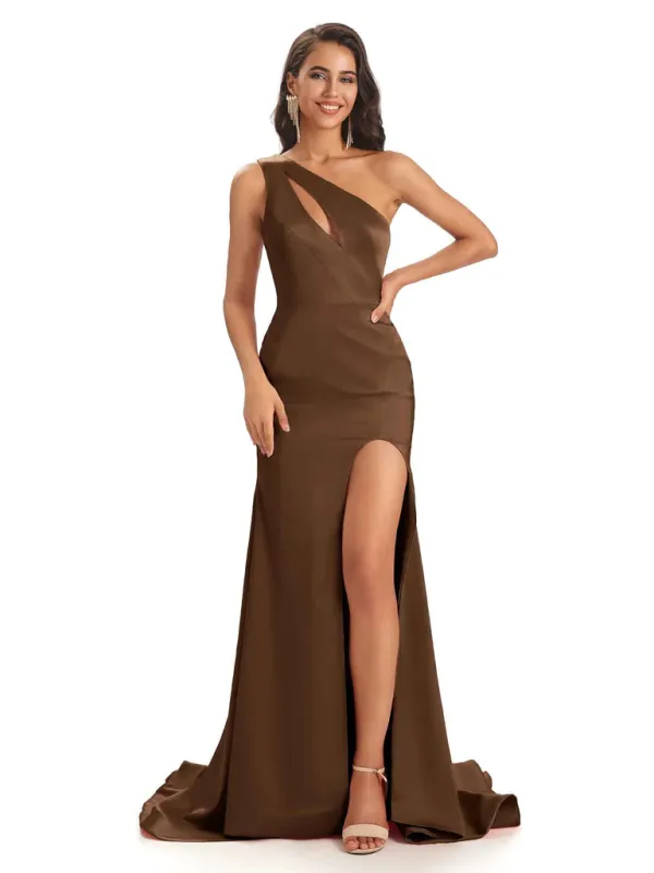 Sexy Soft Satin Side Slit One Shoulder Floor-Length Long Mermaid Bridesmaid Dresses In Stock sold by ChicSew