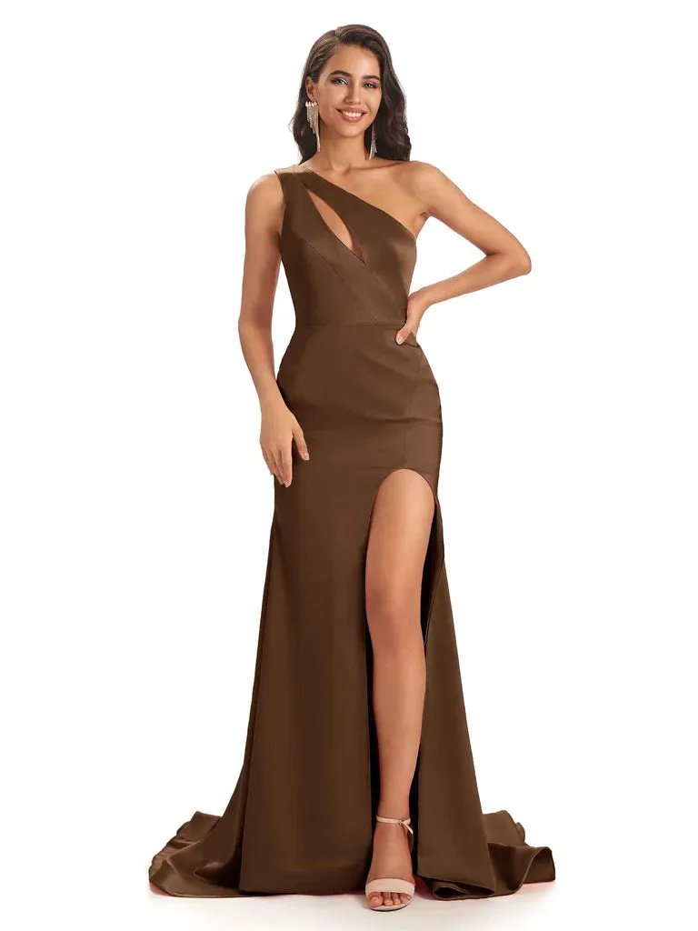 Sexy Soft Satin Side Slit One Shoulder Floor-Length Long Mermaid Bridesmaid Dresses In Stock sold by ChicSew