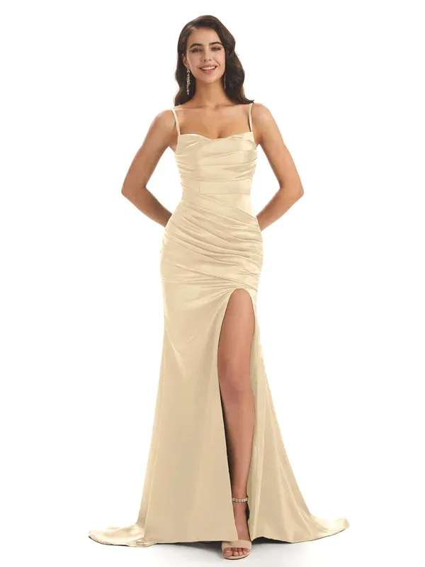 Mermaid Soft Satin Spaghetti Straps Side Slit Bridesmaid Dresses Online In Stock sold by ChicSew product image thumbnail 4