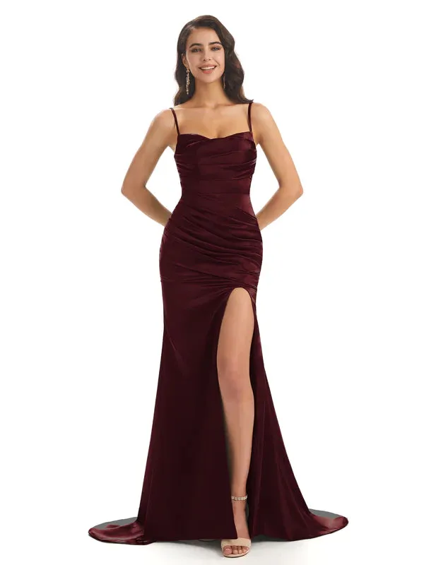 Mermaid Soft Satin Spaghetti Straps Side Slit Bridesmaid Dresses Online In Stock sold by ChicSew product image thumbnail 3