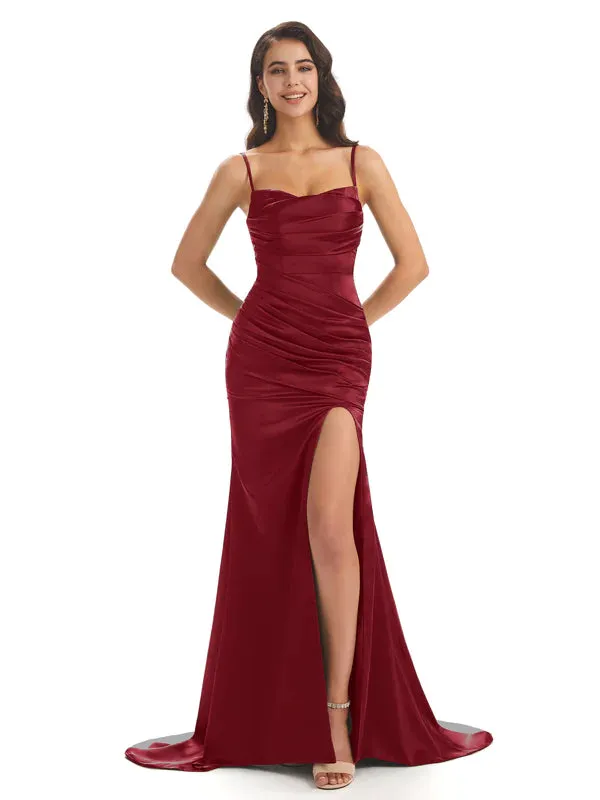 Mermaid Soft Satin Spaghetti Straps Side Slit Bridesmaid Dresses Online In Stock sold by ChicSew product image thumbnail 2