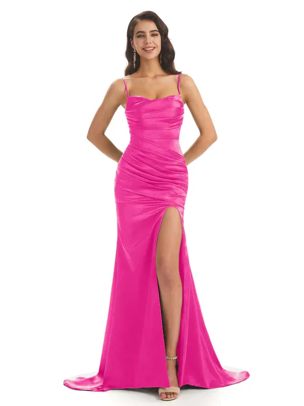 Mermaid Soft Satin Spaghetti Straps Side Slit Bridesmaid Dresses Online In Stock sold by ChicSew