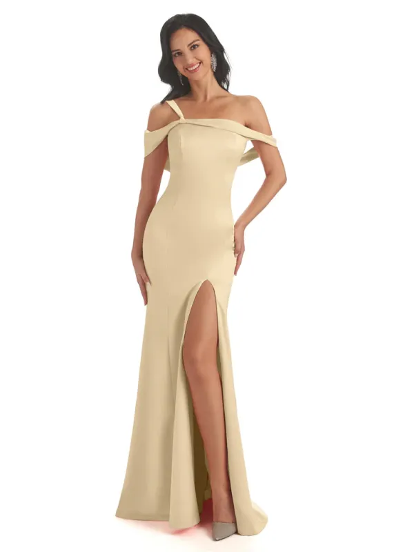Off Shoulder Soft Satin Side Slit Mermaid Floor-Length Bridesmaid Dresses In Stock sold by ChicSew