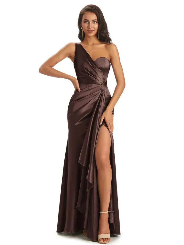 Floor-Length Soft Satin Side Slit One Shoulder Sexy Mermaid Bridesmaid Dresses Online In Stock sold by ChicSew