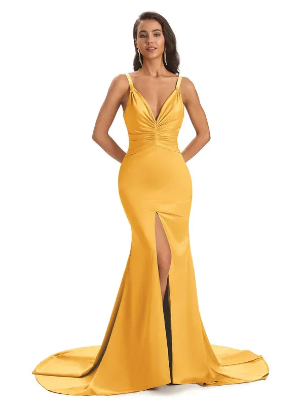 Elegant Soft Satin Spaghetti Straps V-Neck Middle Slit Floor-Length Mermaid Bridesmaid Dresses In Stock sold by ChicSew