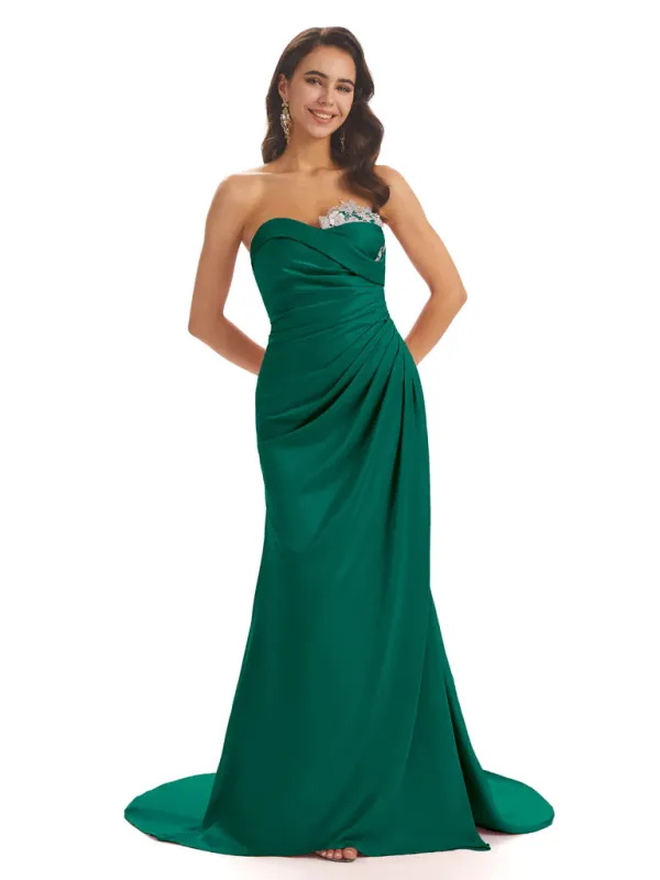 Sexy Soft Satin Side Slit Sweetheart Long Mermaid Bridesmaid Dresses In Stock sold by ChicSew
